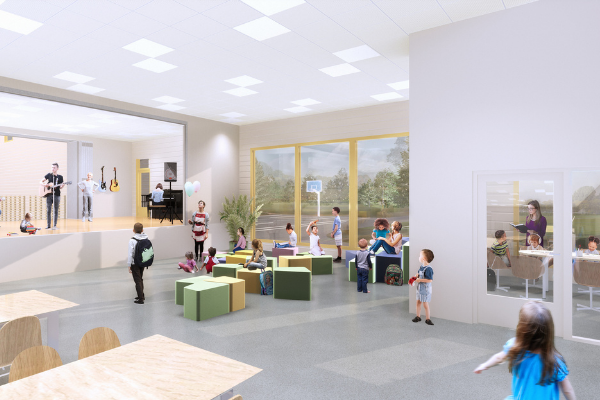 Havainnekuva Pihkoon koulun sisätiloista, jossa on avointa tilaa ja luokkatilaa