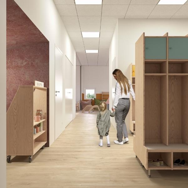 Tikakosken HYVÄN OLON -päiväkodeissa on tilavat ja valoisat eteistilat.