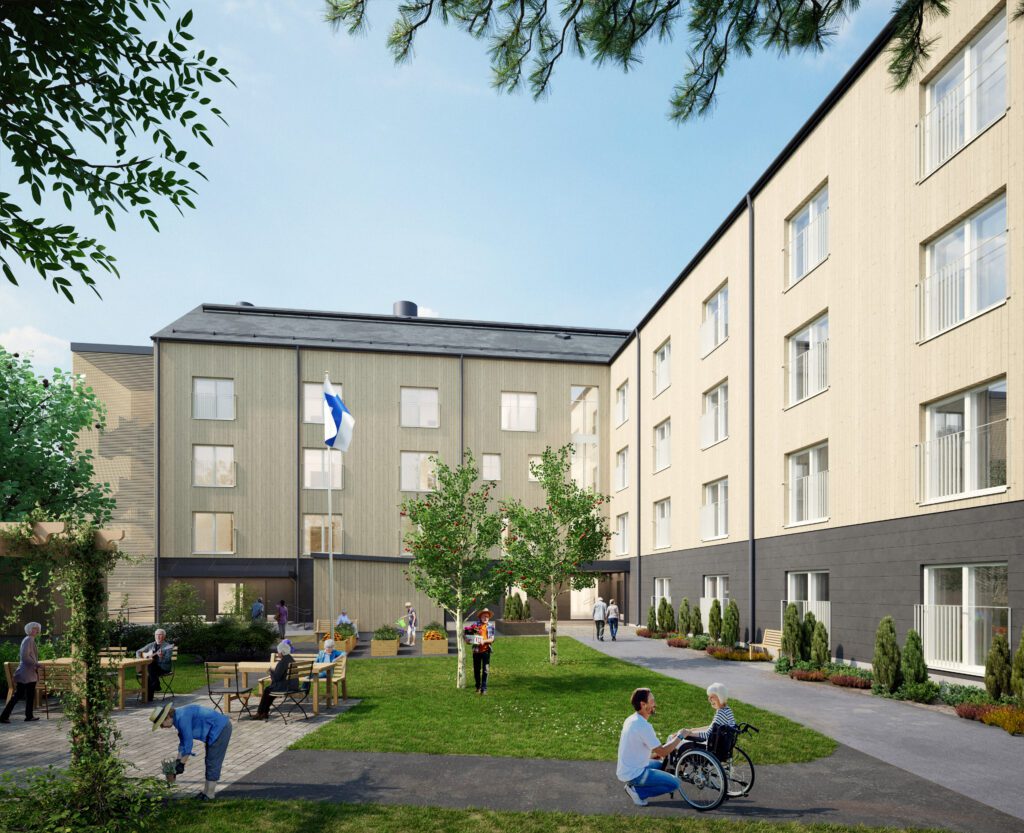 Havainnekuva Naantalin palvelutalosta, jossa on neljässä kerroksessa yhteensä 61 asuntoa. L-muotoinen, harjakattoinen rakennus kiertyy suojaamaan viihtyisyyttä lisäävää piha-aluetta. Saumaton pystypuujulkisivu viimeistelee laadukkaan ilmeen. 